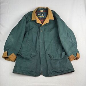 Urban Equipment Mens Green Canvas Barn Coat Corduroy Trim Plaid Lined XL Large
